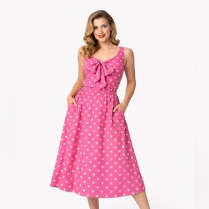 Unique Vintage Pink Polka Dot Midi Dress Pockets Retro 50s Inspired Swing Size S